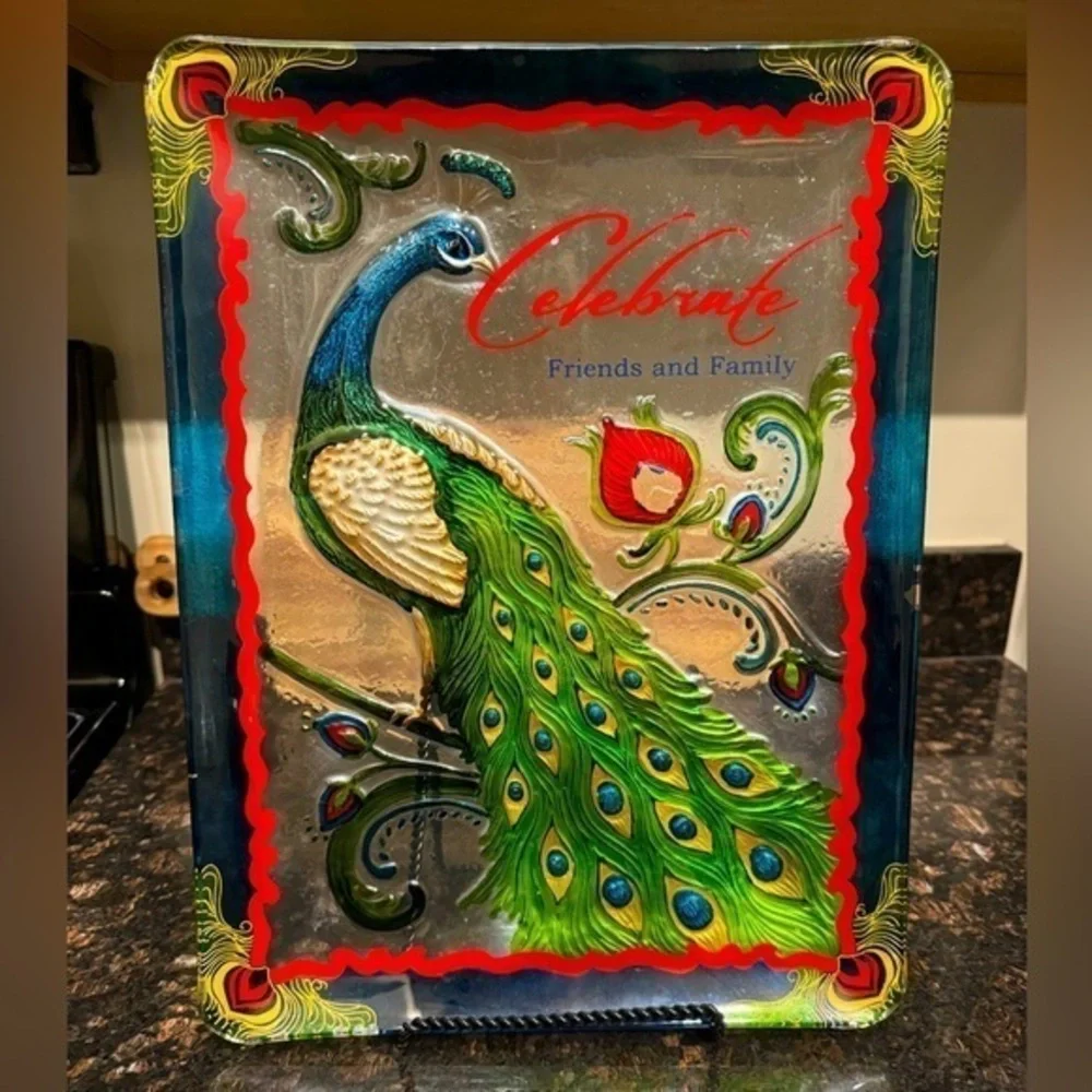 Celebrate Friends and Family Colorful Peacock Glass Serving Tray 12